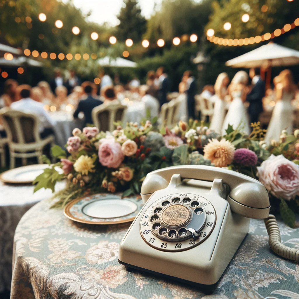 weißes audio-gaestebuch outdoor hochzeit draußen blumengestecke florale tischdecke gästetelefon